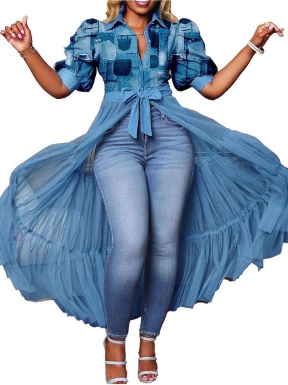 Blue Denim Patchwork Shirt Dress with Sheer Overlay